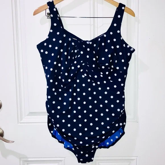 LANDS' END Blue Polka Dot Slimming One-Piece Swimsuit Size 18W Modest Feminine - Picture 5 of 9